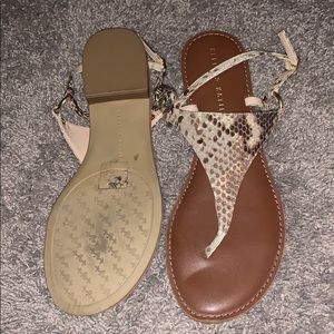 Brown snakeskin thong sandals with back